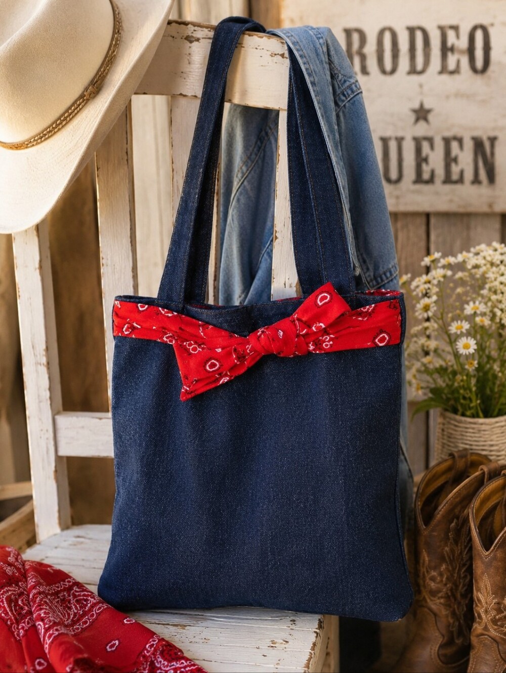 Western Denim Tote Bag Red Bandana Bow Cowgirl Shoulder Bag